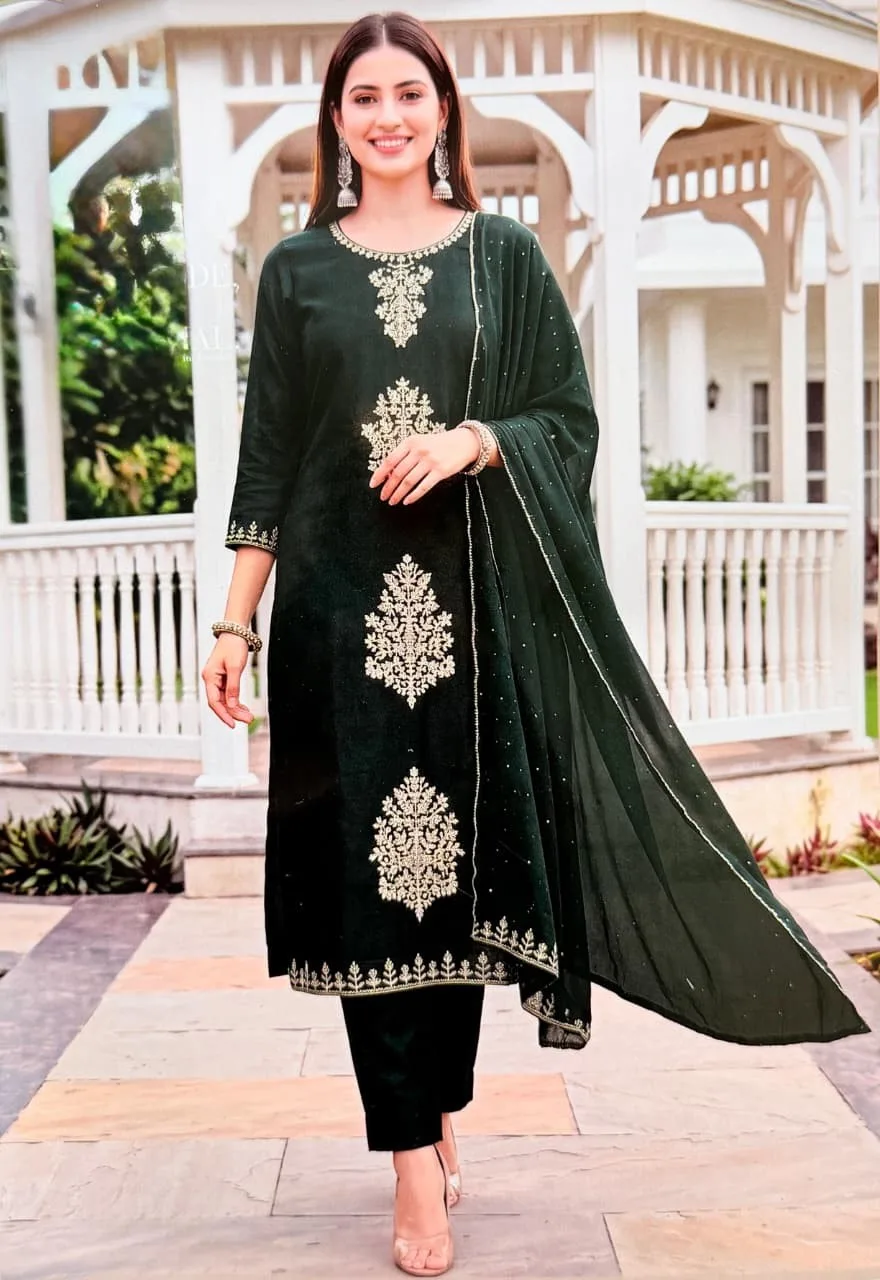 Emerald Velvet Embroidered Suit Set