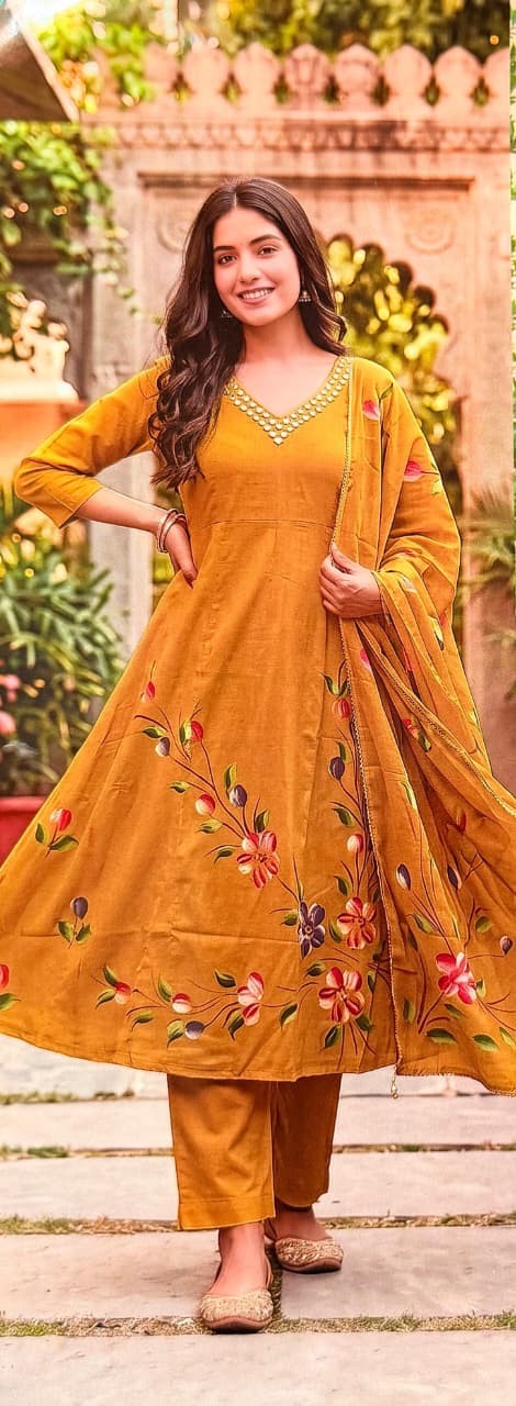 Mustard Floral Anarkali Set