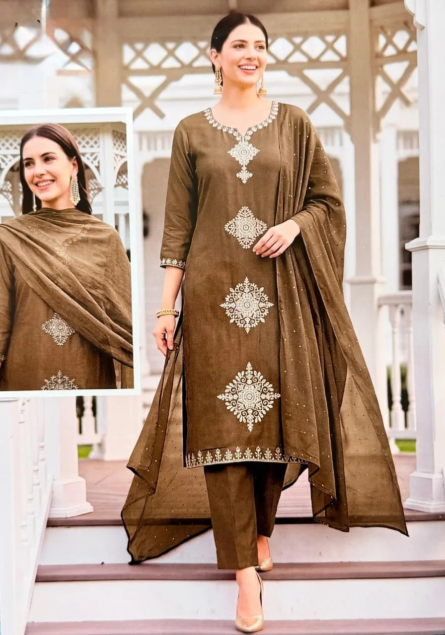 Olive Brown Embroidered Suit Set