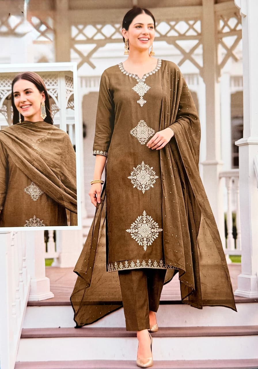 Olive Brown Embroidered Suit Set
